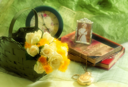 Still Life - pretty, roses, yellow, book, clock, books, flowers, beautiful, photography, beauty, colors, lovely, still life, basket, colorful, yellow roses, nature, rose