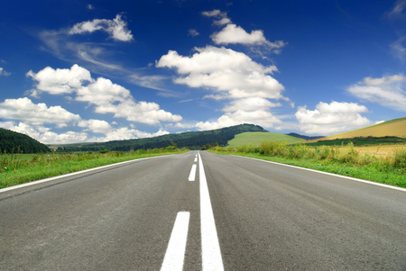 Road To... - road, landscape, beauty, beautiful, hills, peaceful, grass, sky, clouds, field, trees, nature, colors, green