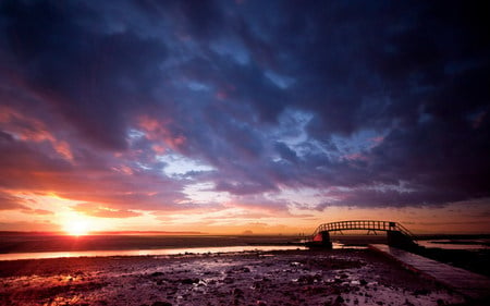 Sunset - landscape, beauty, beautiful, bridge, peaceful, sky, clouds, river, pier, sunset, nature, colors, colorful