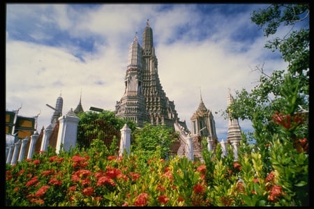 Garden Temple - shrubs, prayer, spires, fence, religion, flowers, gardens