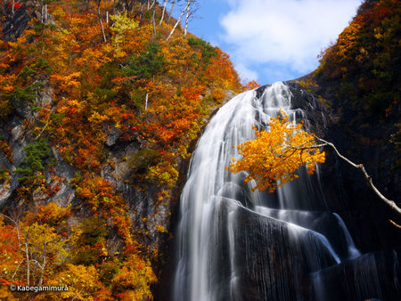 Autumn Waterfall - season, cascade, water, rocks, yellow, colours, japan, orange, green