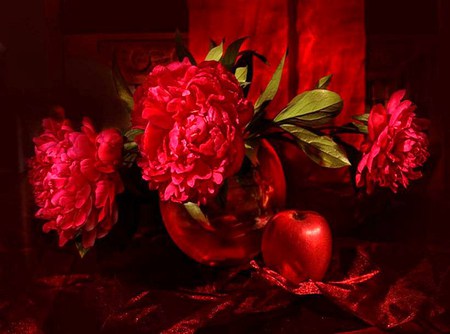 Peony red - red, arrangement, peomies, red apple, flowers, black background