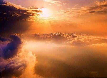 Above the clouds - clouds, sunset, rays, evening, sky, golden and orange