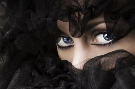 Black Lace - blue, beautiful, eyes, lace, secretive, lashes, black, model, alluring