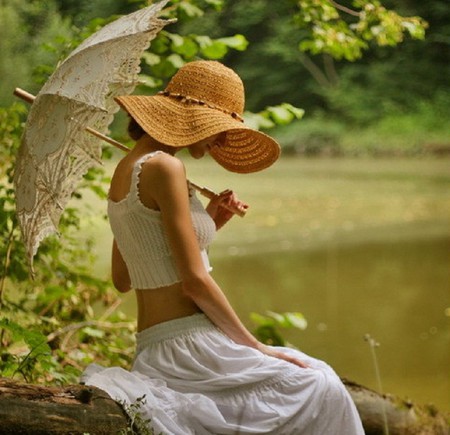 Lazy Sunday Afternoon - beauty, parasol, lake, girl, hat, log