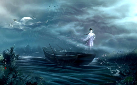 GHOST ON THE OCEAN - clouds, moon, ghost, birds, rain, boat, ocean