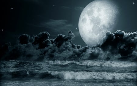 DARK OCEAN - moon, night, ocean, stars, dark, sky