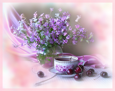 still life - cherry, pink, photo, flowers, purple, fruit, nice, vase, water, beautiful, coffee, photography, tea, cool, still life, flower, bouquet, drink, harmony, cup