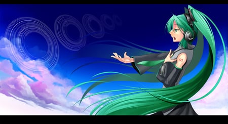 Hatsune Miku - nice, beauty, sky, aqua, twintail, white, purple, pretty, cool, clouds, anime, miku, cute, hatsune miku, skirt, teal hair, sky clouds, hatsune, vocaloids, vocaloid, blue, pink, beautiful, tie, singing, awesome