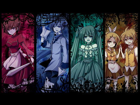 Vocaloids - frames, sword, miku, cute, rin, beautiful, kagamine len, meiko, red, pretty, cool, beauty, teal, awesome, kagamine rin, yellow, twintail, dress, blue, kaito, nice, tuxedo, len, hatsune miku