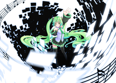 Hatsune Miku - pretty, anime, vocaloid, twintail, hatsune miku, green hair, song notes, nice, notes, blue eyes, skirt, beautiful, thighhighs, beauty, cool, black, white, miku, awesome, cute, hatsune, vocaloids