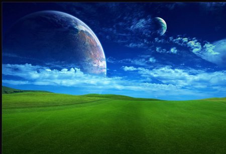 Spacial field - moon, sky, cloud, field, grass