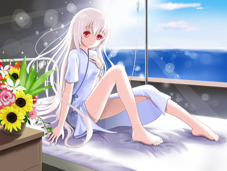 Megurine Luka - pretty, anime, blue, window, hospital, luka, flowers, bed, nice, pink hair, sun, sunlight, beautiful, hot, megurine, sea, sunshine, beauty, cool, ocean, red eyes, colorful, white, awesome, megurine luka, cute, sexy