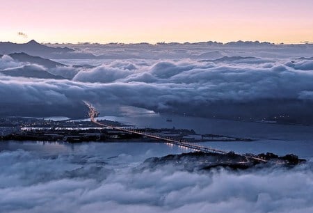 Bridge in the clouds - surrounded, sky, bridge, thick clouds