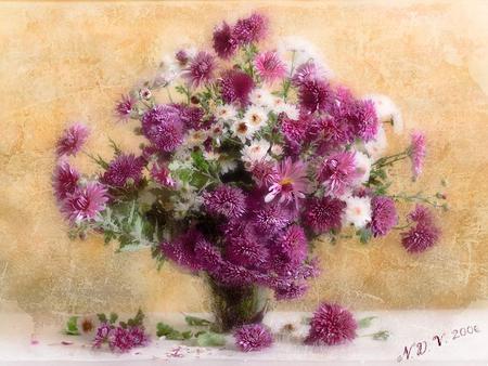 Mums Delight - photograph, flowers, vase, white, purple, table, mums