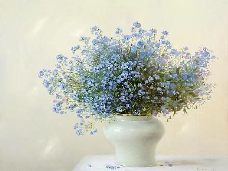 Friendship - flowers, periwinkles, white vase, table, petite