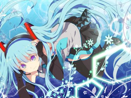 Hatsune Miku - pretty, anime, vocaloid, blue, twintail, hatsune miku, flowers, headphones, blue hair, blue eyes, skirt, beautiful, hot, thighhighs, beauty, cool, black, white, miku, awesome, cute, hatsune, headset, sexy, vocaloids