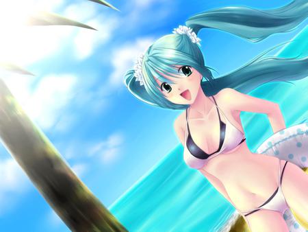 Hatsune Miku - hot, sun, white, cool, birds, hatsune miku, sexy, sky clouds, blue eyes, vocaloids, vocaloid, beautiful, sea, happy, nice, beauty, sky, beach, twintail, black, pretty, clouds, anime, miku, cute, ocean, hatsune, blue hair, blue, bikini, awesome, smile, flowers