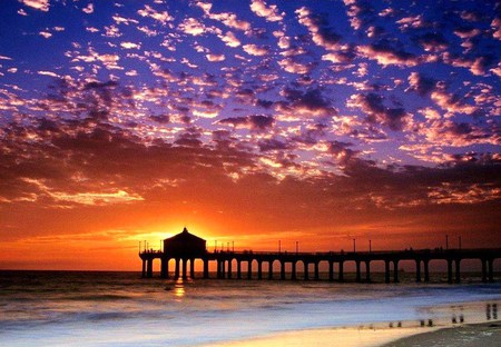 Sky art - clouds, blue, sun glow, ocean, pier, white, sunset, purple, orange sky