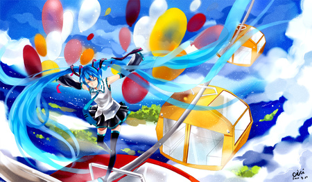 Hatsune Miku - nice, ballons, beauty, ferris wheel, sky, thighhighs, twintail, colorful, black, white, pretty, cool, clouds, anime, miku, cute, hatsune miku, skirt, blue eyes, hatsune, vocaloids, blue hair, vocaloid, blue, beautiful, tie, awesome