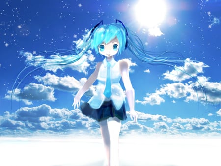 Hatsune Miku - nice, beauty, sky, sunshine, slouds, sun, thighhighs, twintail, black, white, pretty, cool, anime, miku, cute, hatsune miku, skirt, hatsune, vocaloids, vocaloid, blue, beautiful, tie, awesome