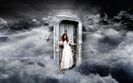 Ethereal Portal - door, fantasy, clouds, girl, birds