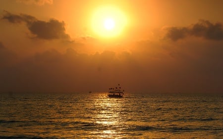 Sunset at Sea - ocean, boats, calm, nature, reflection, clouds, beautiful, sunsets, golden