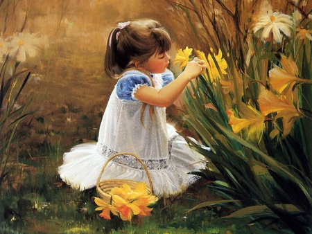 Little Girl with Flowers - paint, art, girl, flowers, cute