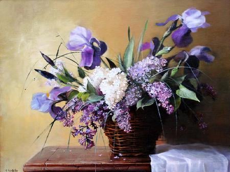 Purple Delight - lilacs, flower pot, wicker basket, white cloth, flowers, irises, wooden table