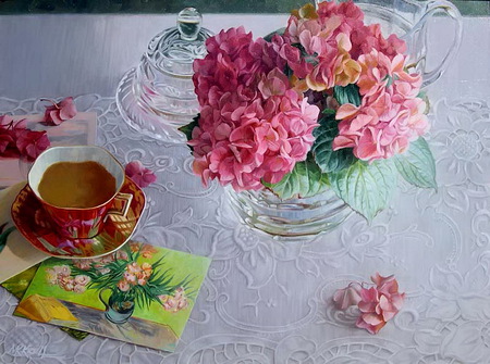 Morning Mocha - coffee, mocha, glass, hydrangeas, saucer, cup, vase, pitcher, pink, table, cards