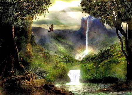 A place to be - trees, hills, cloudy sky, stream, grass, waterfall, bird in flight