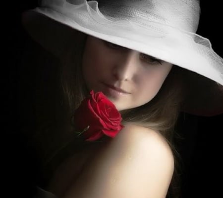 Elegance - hat, female, girl, flower, black, white, red, woman, model, rose, pose, face