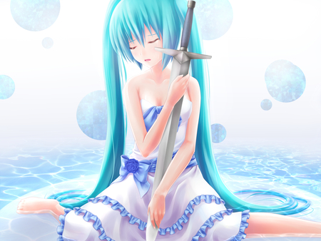 Hatsune Miku - pretty, anime, vocaloid, blue, twintail, dress, hatsune miku, sad, blue hair, nice, water, beautiful, sword, beauty, cool, white dress, white, miku, awesome, bubbles, cute, hatsune, vocaloids