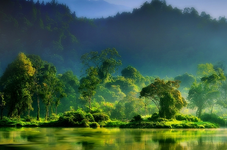 BEAUTIFUL NATURE - trees, mountain, forest, reflection, riverbank, river, green