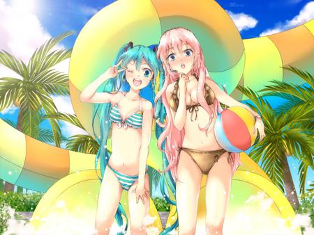 Hatsune Miku & Megurine Luka - nice, beauty, hot, headset, twintail, pretty, cool, megurine luka, anime, miku, tree, megurine, cute, luka, hatsune miku, sexy, palm tree, blue eyes, blushing, pink hair, water slide, beach ball, hatsune, vocaloids, blue hair, microphone, headphones, vocaloid, bikini, beautiful, awesome, water park