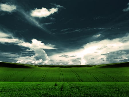 Luna Dark 2 - clouds, green, field, dark, sky