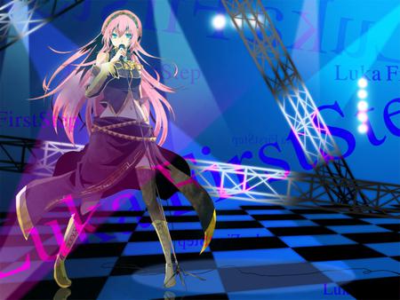 Megurine Luka on stage - pretty, anime, vocaloid, stage, blue, pink, microphone, checkered, luka, headphones, nice, pink hair, megurine, cool, awesome, lights, megurine luka, cute, headset, vocaloids