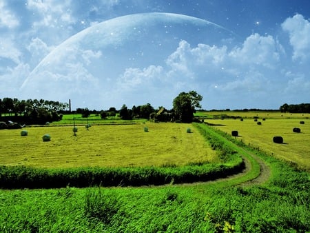 Neighbours - green, sky, field, clouds