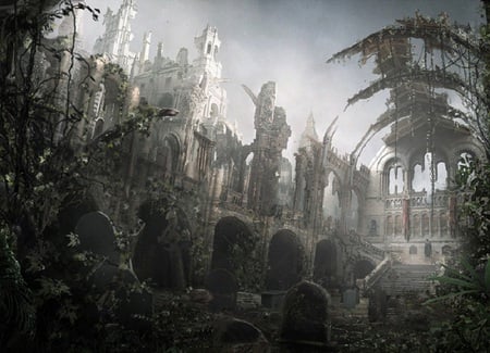 Desolation - fantasy, overgrown, ruins, grave stones, abstract