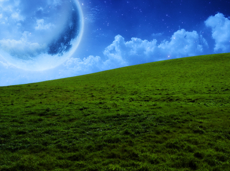 Moon - moon, blue, green, field, sky