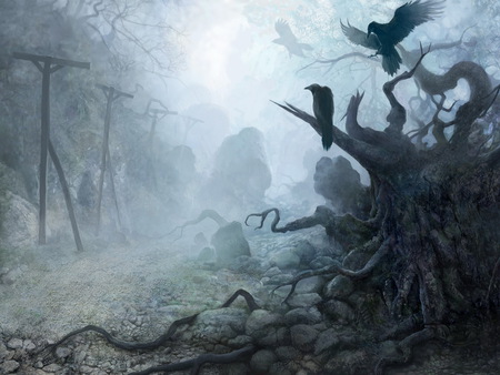 Waiting for the Crucifixion - fantasy, tree stump, crucifixion, roots, cross, mist, birds