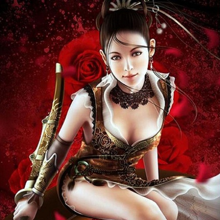 Sword and Roses - beauty, roses, girl, sword, oriental, fantasy