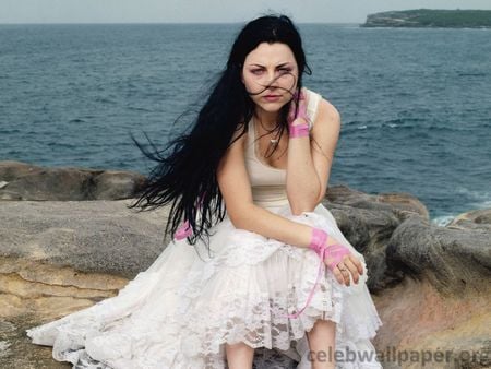 Amy Lee - cool dress, female, girl, blue eyes, white dress, singer, black hair, wind, pose, sea