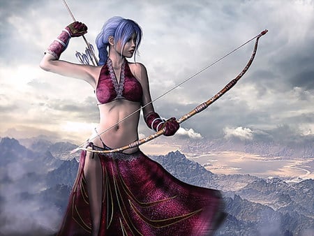 At the Top of the World - beauty, girl, bow, warrior, arrows, fantasy