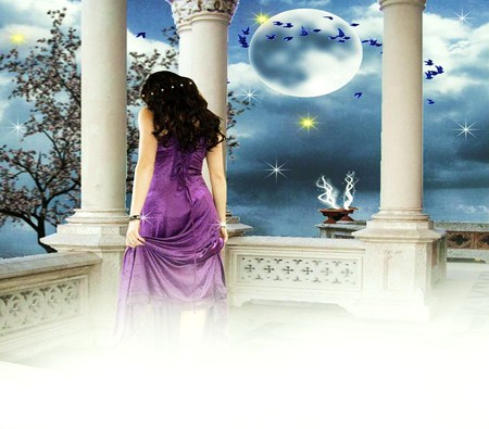 Waiting for my Love - pillars, waiting, moon, purple dress, woman, blue sky, ocean, stars