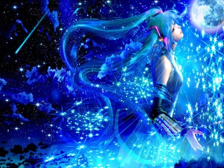 Girl_among_stars - girls, star, anime, among, blue, other