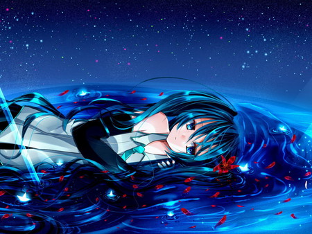 Under the star sky - sky, dreams, star, anime, girl, other, blue