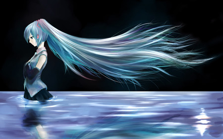 Girl_wind - wind, water, black, anime, girl, night, other