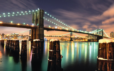 Cities_New_York__Brooklyn_Bridge - new york, sky, cities, sunsets, night, architecture, water, bridges