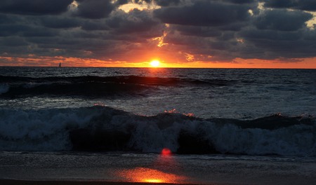 Sunset - beauty, ocean, beach, sky, peaceful, sunset, sailing, waves, nature, view, clouds, beautiful, colors, sailboat, sea